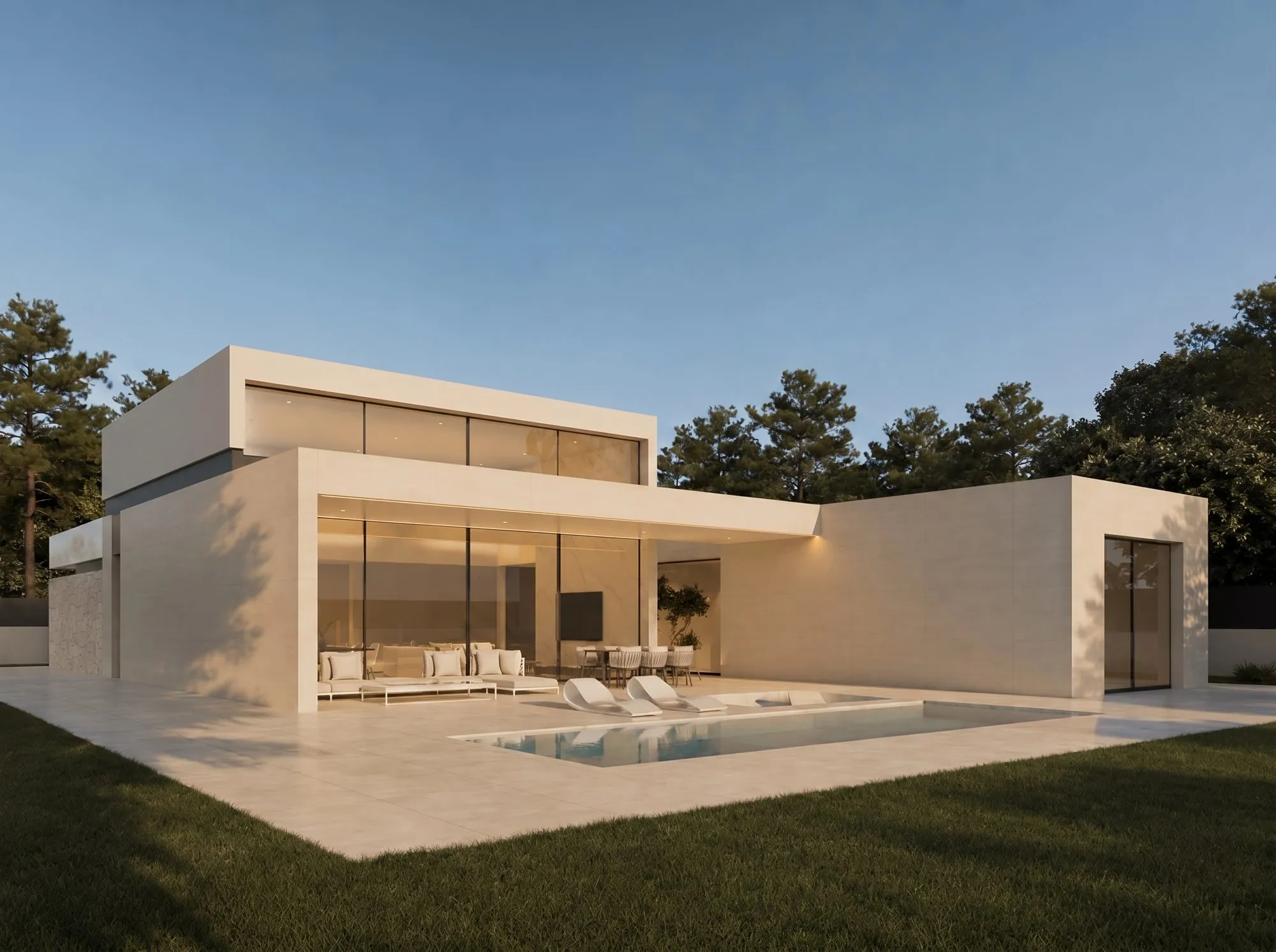 Vivienda modular premium de FMG Modular al atardecer